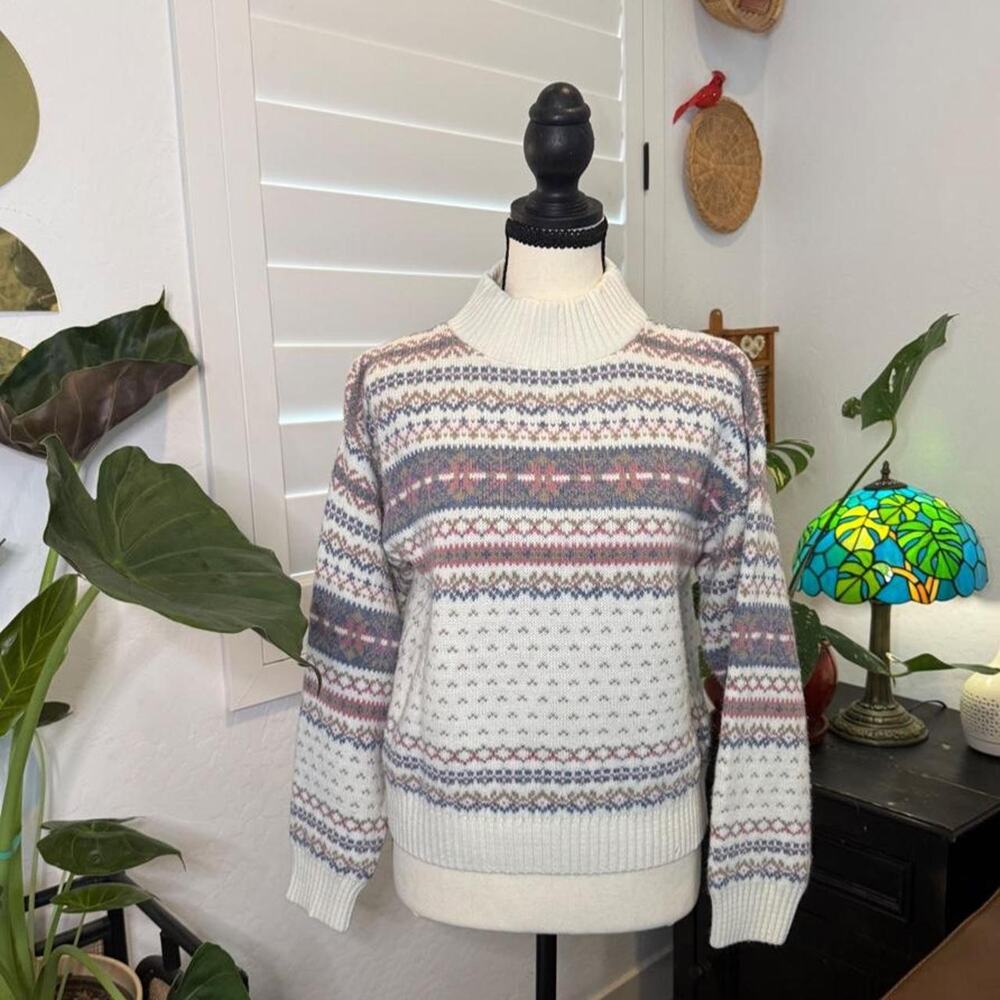 Vintage 90s Willow Ridge Fair Isle Mock Neck Sweater Cottagecore Nordic Knit